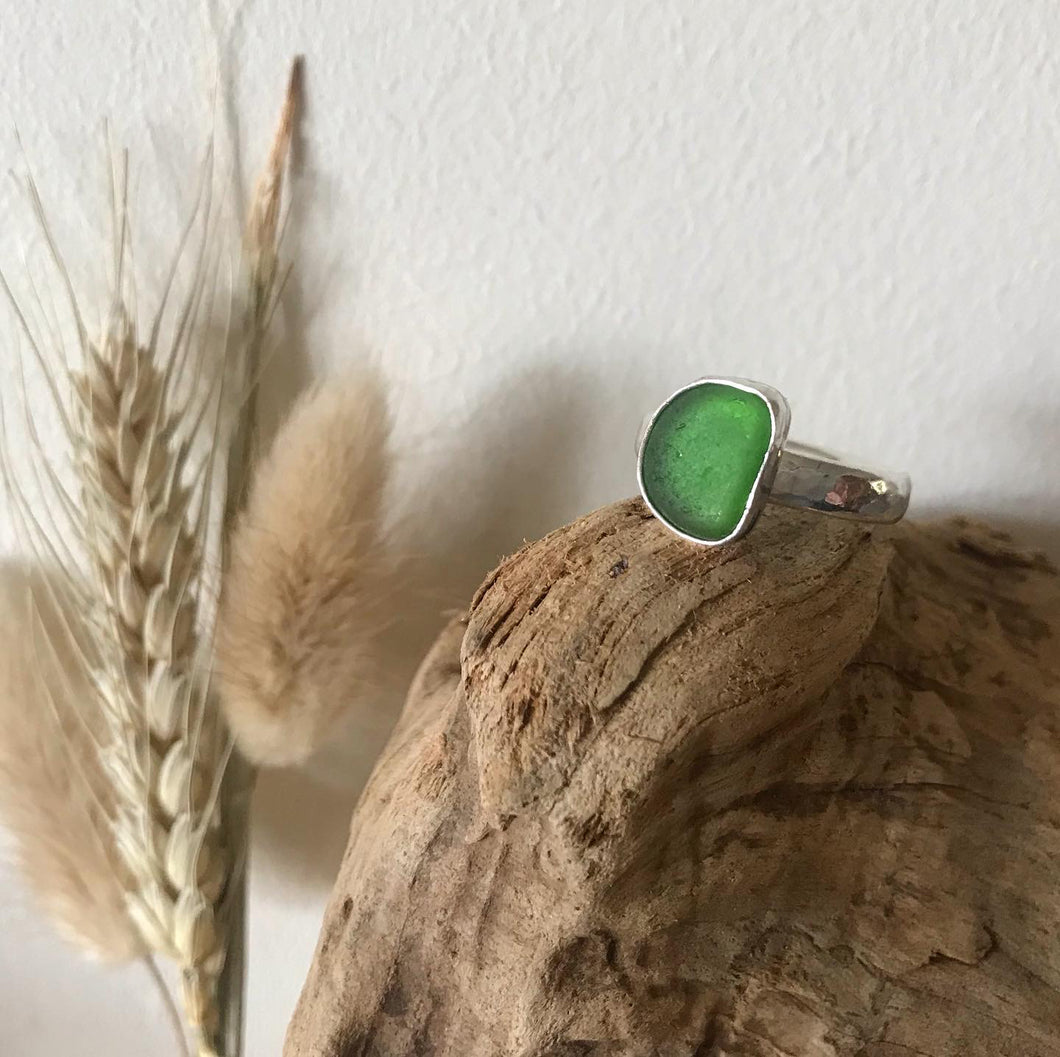 Green sea glass silver ring