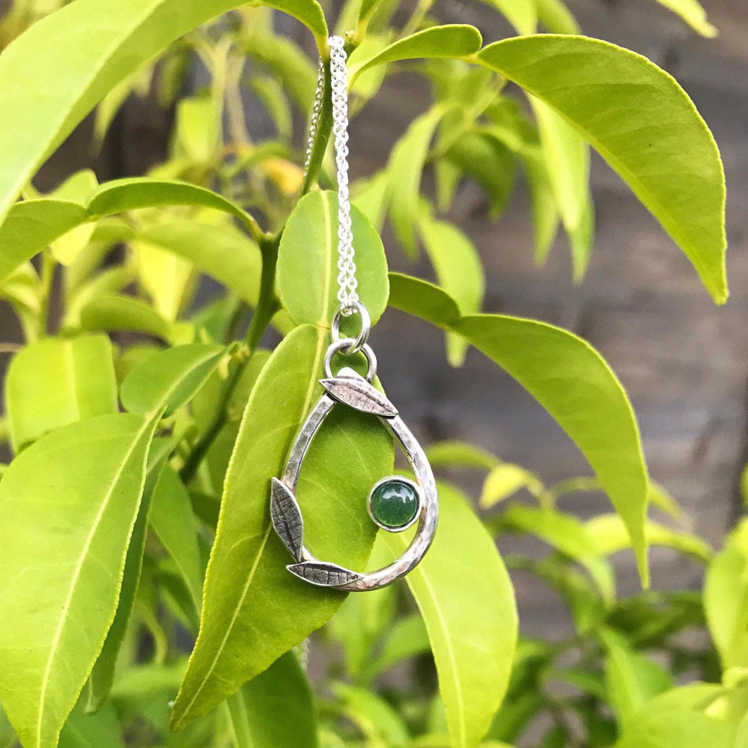 Moss agate silver teardrop leafy pendant