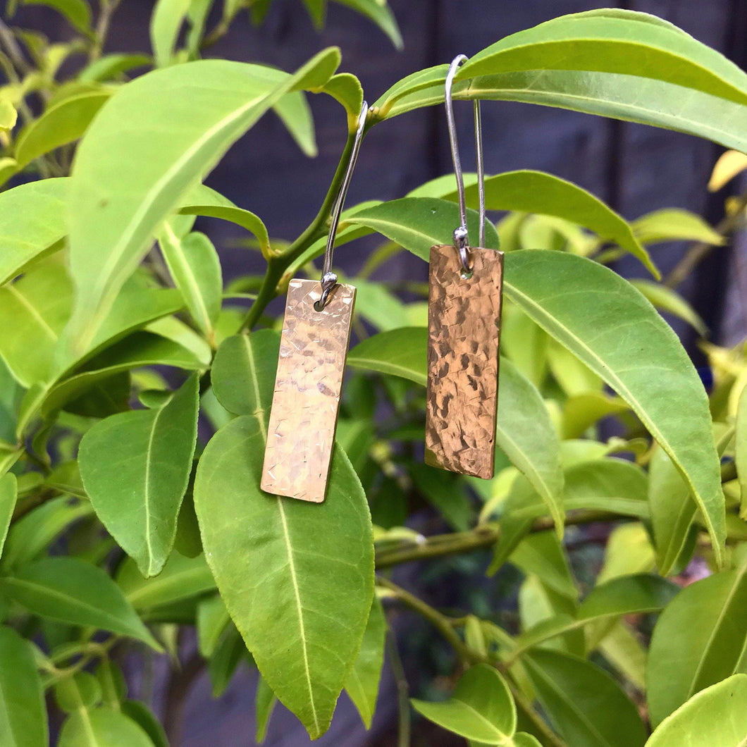Brass hammered rectangle dangly earrings